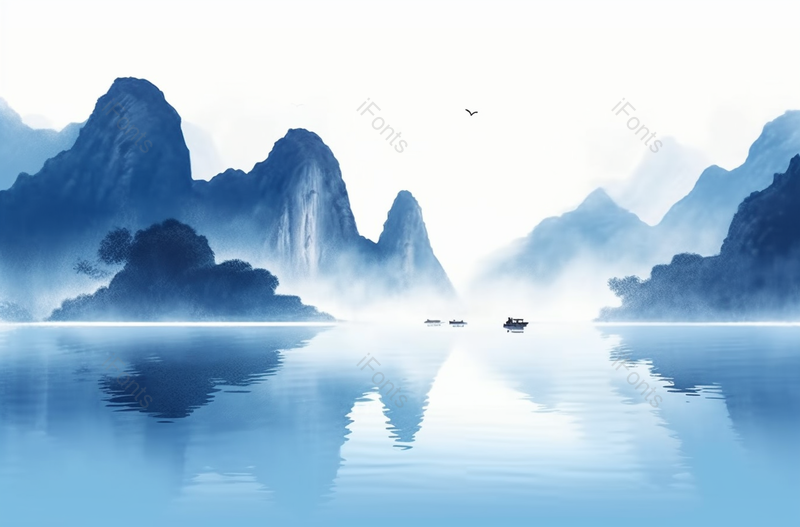 中式蓝色水墨山水画,插画/手绘图,插画/手绘图库,插画/手绘图下载,插画/手绘